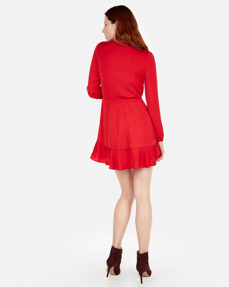 Ruffle Elastic Waist Wrap Dress In Red ...